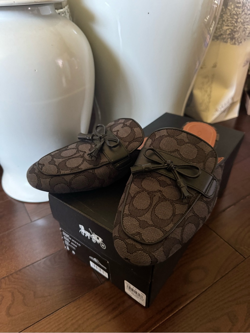 Coach Brown Signature Canvas Bow Backless Loafers